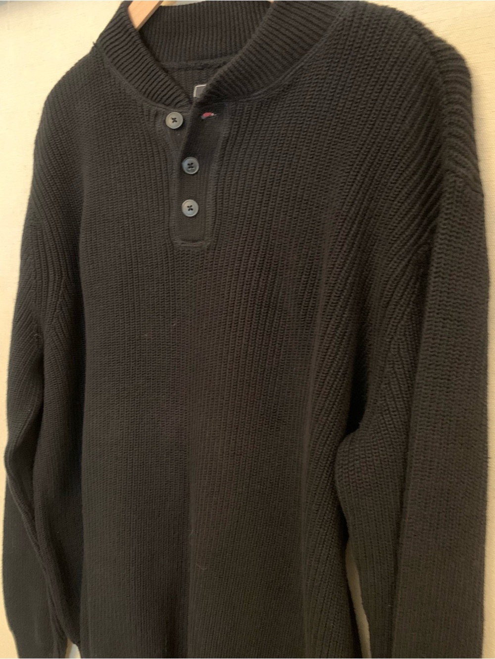 Men’s Chaps Black Crewneck Henley Sweater, Thick Knit - Size Large